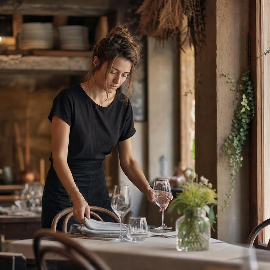 Set trattoria table with wine glasses and a basket of bread